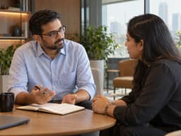 A manager coaches a team member during a one-to-one conversation.