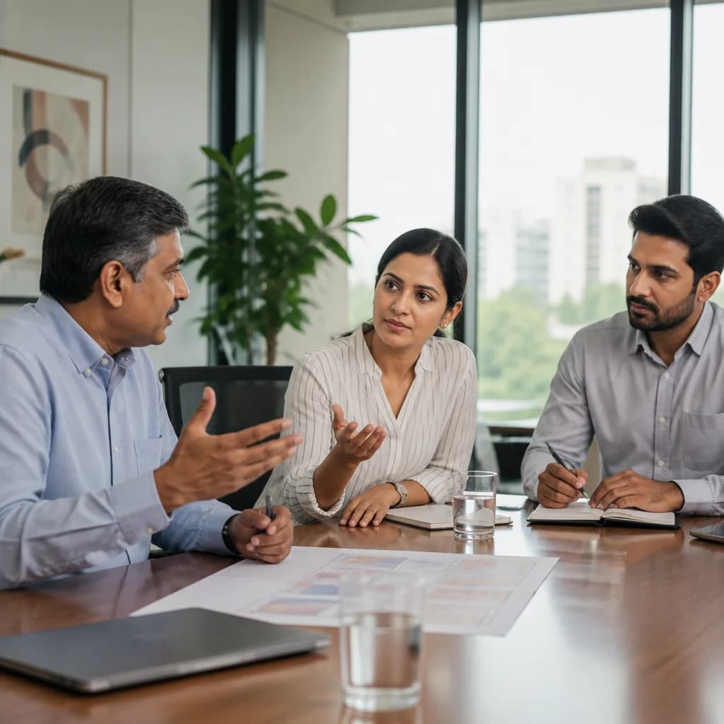 Colleagues share different views during a focused team meeting.