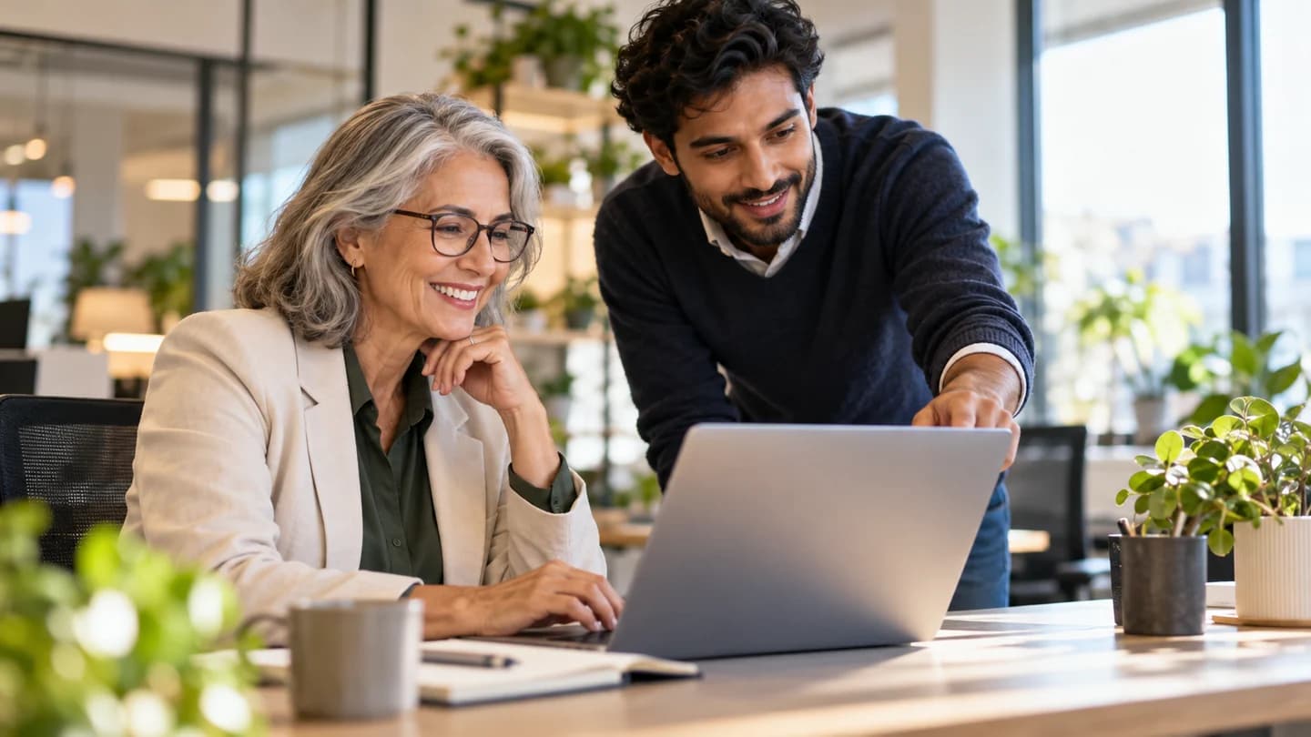 An experienced professional and a younger colleague collaborate around a laptop in a bright office.