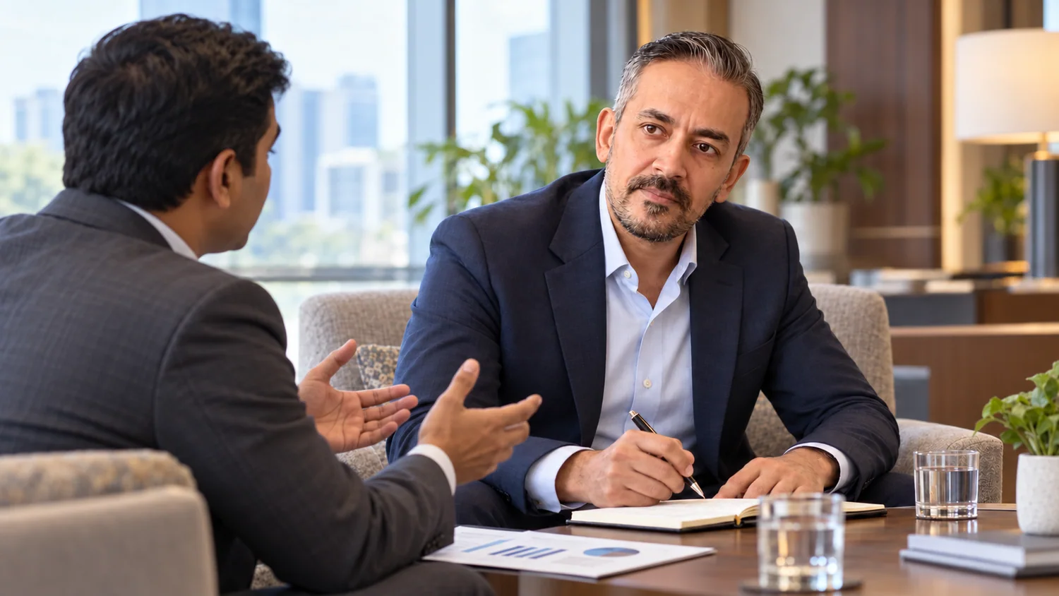A consultant listens as a client describes a workplace challenge