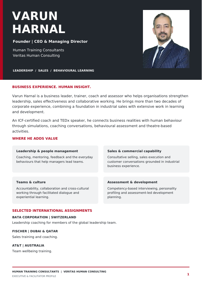 Varun Harnal executive profile, page one